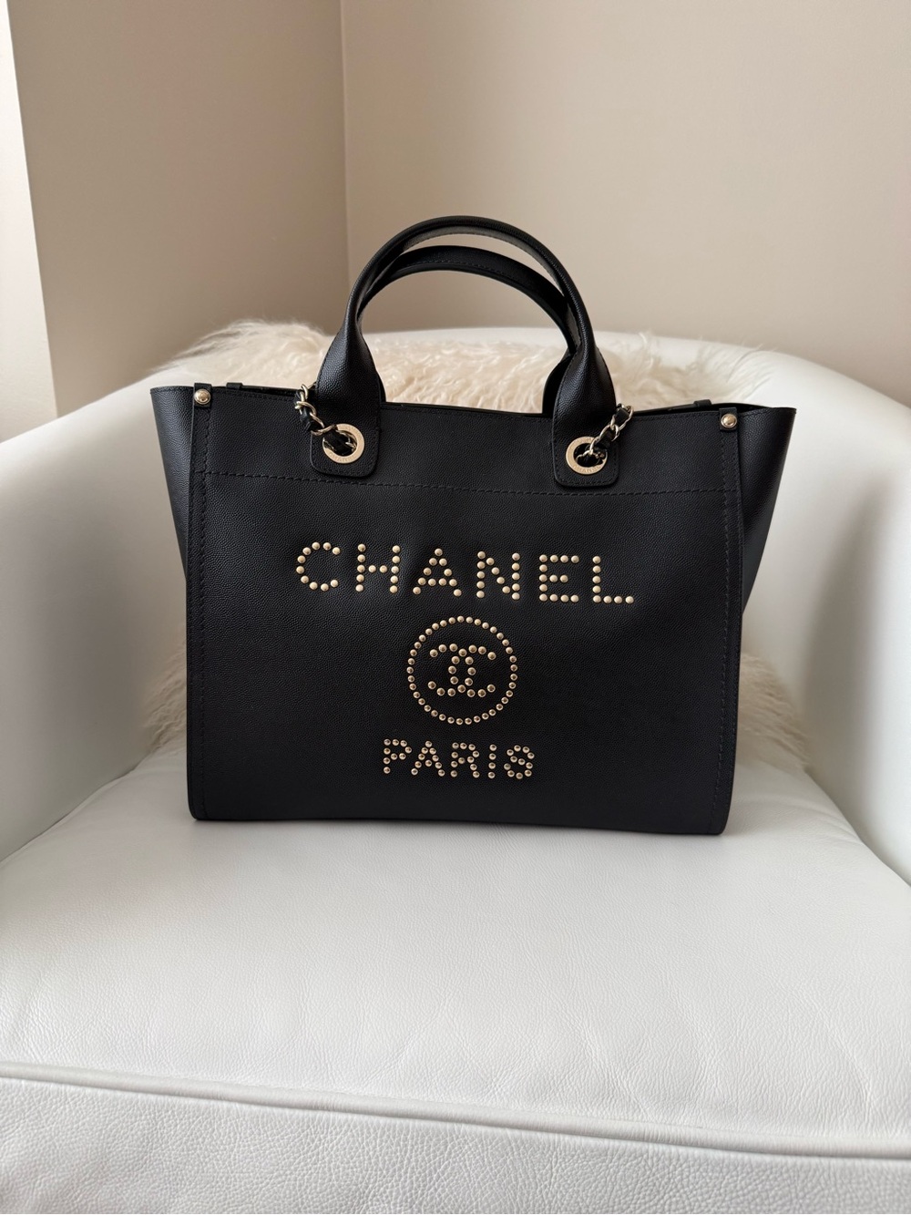 CHANEL Black Leather Deauville studded tote bag